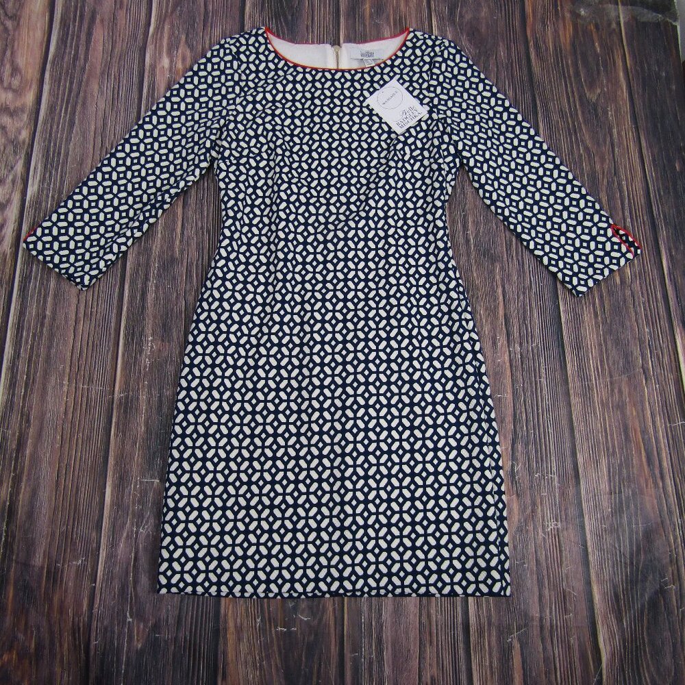 Belle Badgley Mischka Dress Womens 8 Navy White Gianna BL1904 Sheath 3/4 Sleeve